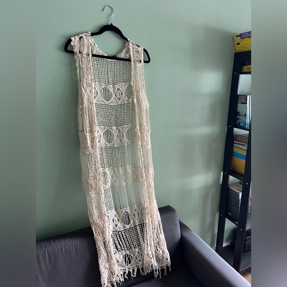 Boho Festival Cream Crochet Sleeveless Cardigan Fringe